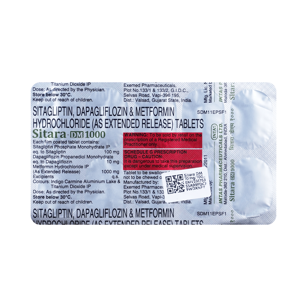 Sitara DM 10mg/1000mg/100mg Tablet
